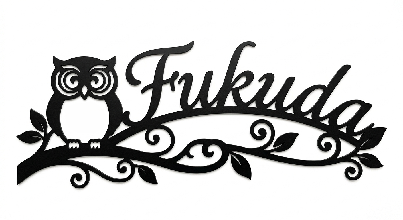 AIで作るFukuda表札の例｜縁起のフクロウと曲線文字のデザイン - 大円商店